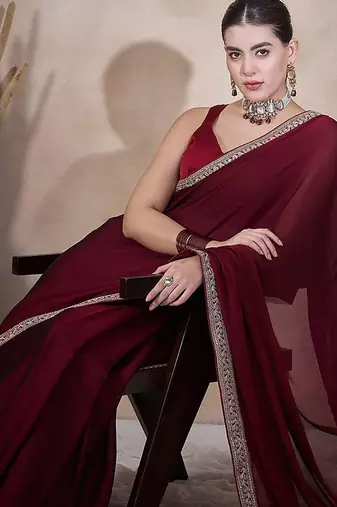 Maroon embroidered lace border satin ready to wear saree