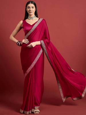 Pink embroidered satin saree 1