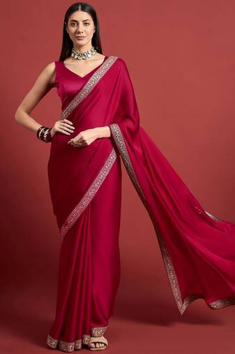 Pink embroidered satin saree