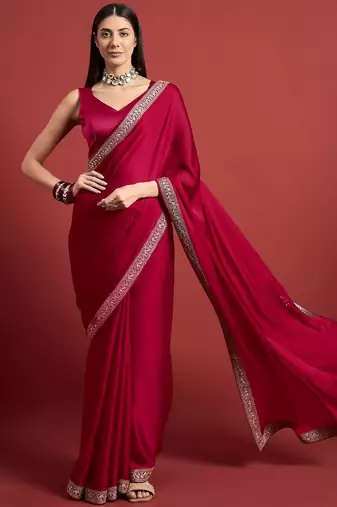 Pink embroidered satin saree