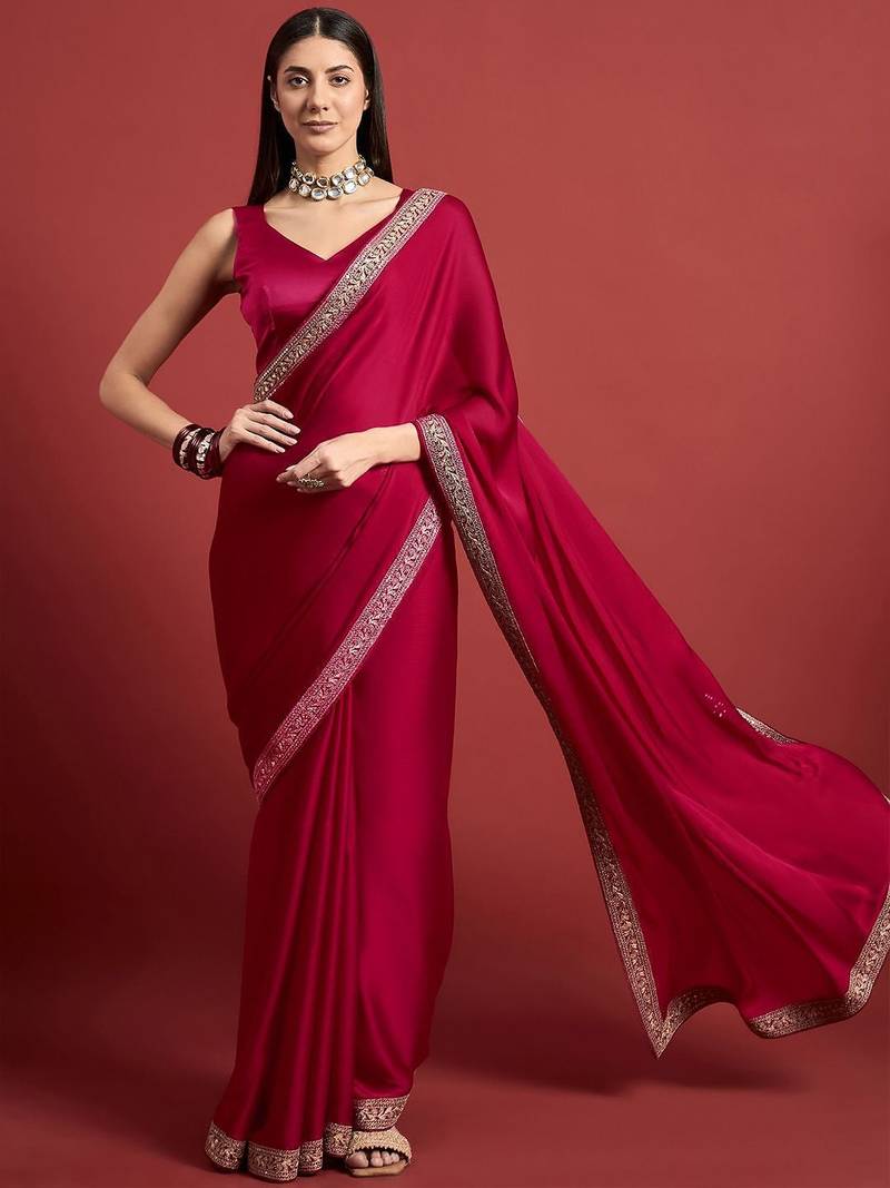 Pink embroidered satin saree