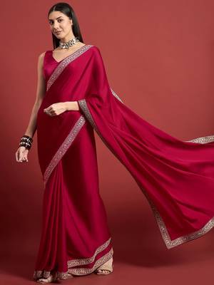 Pink embroidered satin saree 2