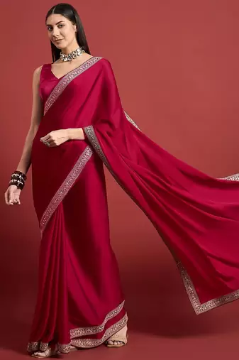 Pink embroidered satin saree