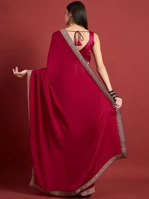 Pink embroidered satin saree 3