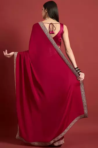 Pink embroidered satin saree