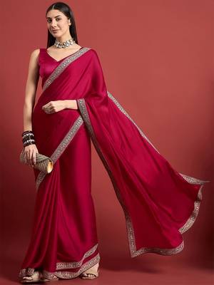 Pink embroidered satin saree 4