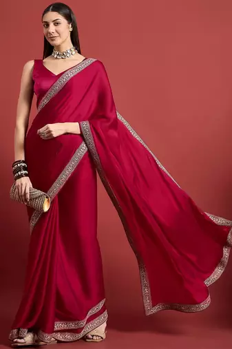 Pink embroidered satin saree