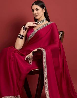 Pink embroidered satin saree 5