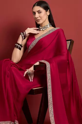 Pink embroidered satin saree