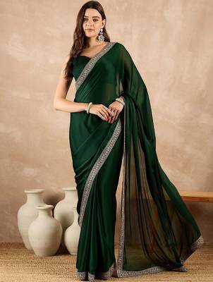Green zari embroidered solid satin saree 1
