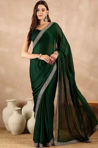 Green zari embroidered solid satin saree
