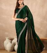 Green zari embroidered solid satin saree