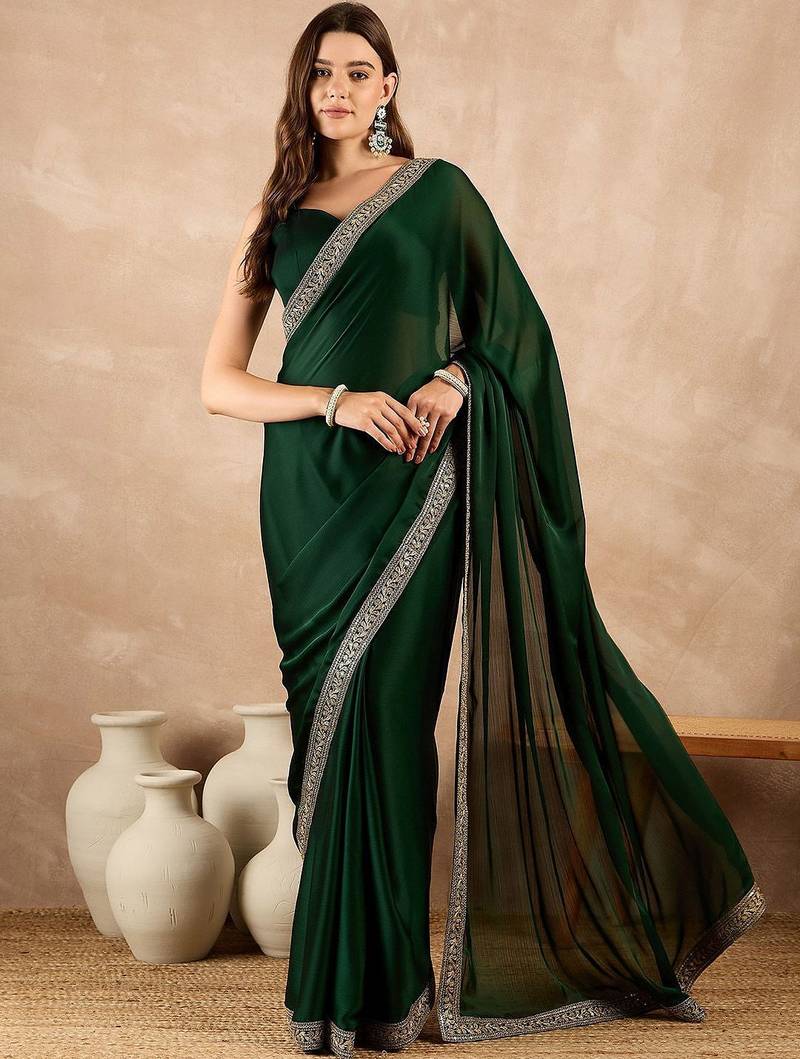Green zari embroidered solid satin saree