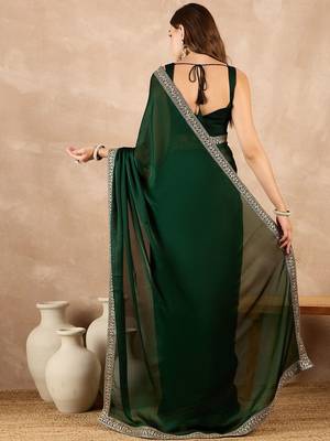Green zari embroidered solid satin saree 2