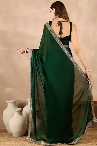 Green zari embroidered solid satin saree
