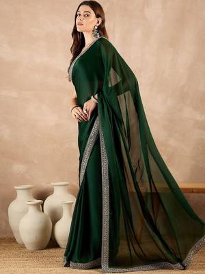 Green zari embroidered solid satin saree 3
