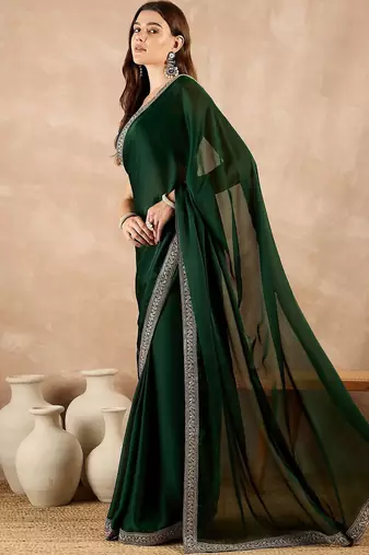 Green zari embroidered solid satin saree