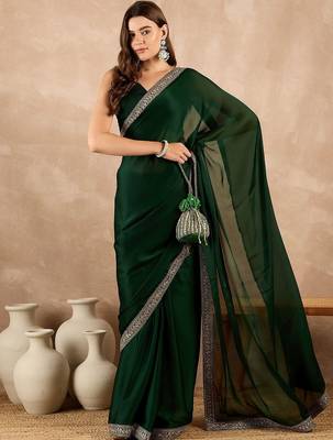 Green zari embroidered solid satin saree 4