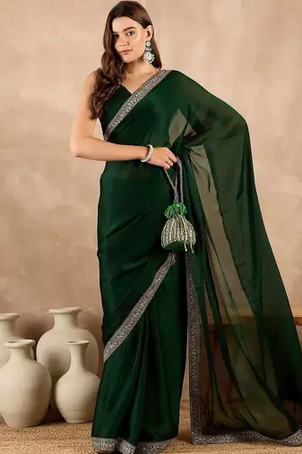 Green zari embroidered solid satin saree