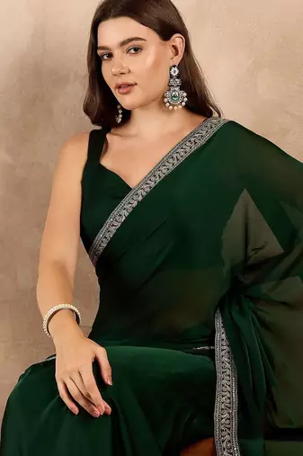 Green zari embroidered solid satin saree