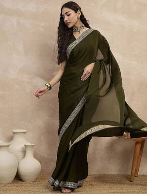 Green embroidered lace border satin saree with unstitched blouse piece 1