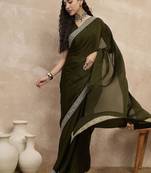 Green embroidered lace border satin saree with unstitched blouse piece