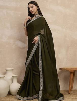 Green embroidered lace border satin saree with unstitched blouse piece 2