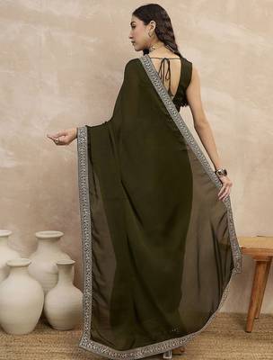 Green embroidered lace border satin saree with unstitched blouse piece 3