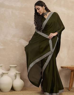 Green embroidered lace border satin saree with unstitched blouse piece 4