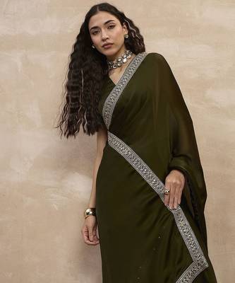 Green embroidered lace border satin saree with unstitched blouse piece 5