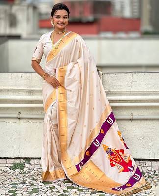 Cream ethnic motifs zari paithani saree 1