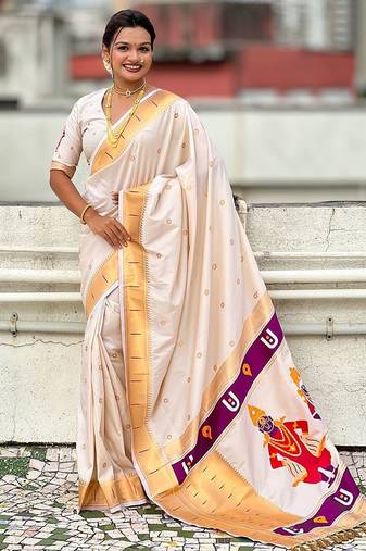 Cream ethnic motifs zari paithani saree