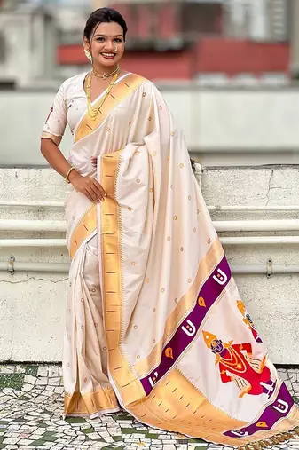 Cream ethnic motifs zari paithani saree