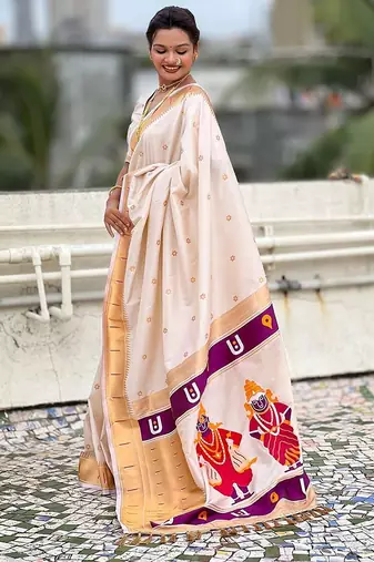 Cream ethnic motifs zari paithani saree