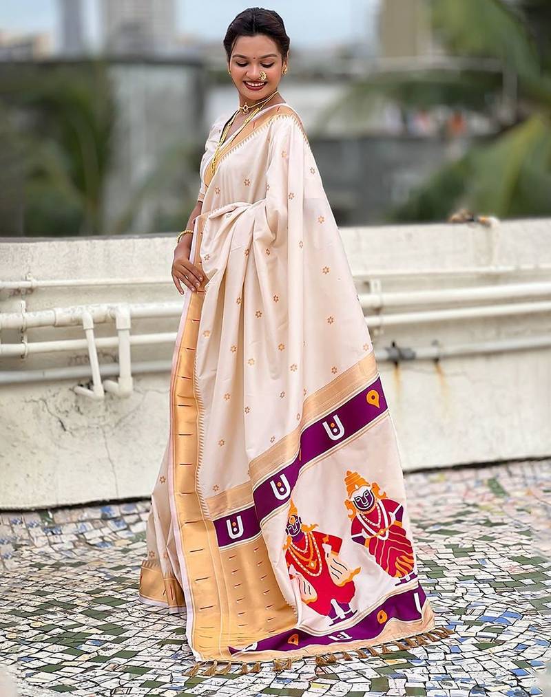 Cream ethnic motifs zari paithani saree