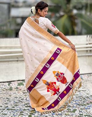 Cream ethnic motifs zari paithani saree 3