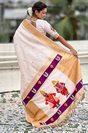Cream ethnic motifs zari paithani saree
