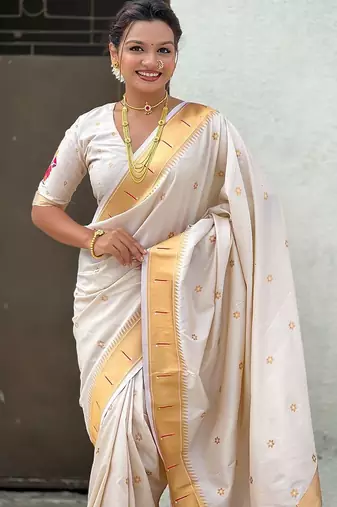Cream ethnic motifs zari paithani saree