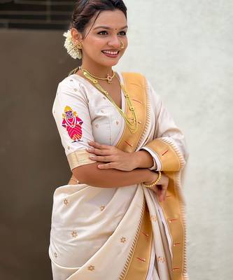 Cream ethnic motifs zari paithani saree 5
