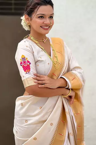 Cream ethnic motifs zari paithani saree
