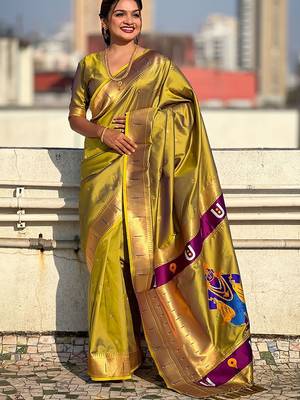 Olive woven design silk blend paithani saree 1