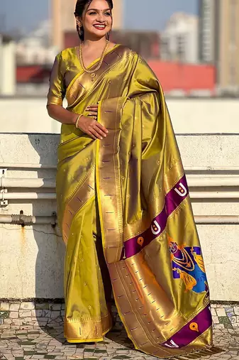 Olive woven design silk blend paithani saree