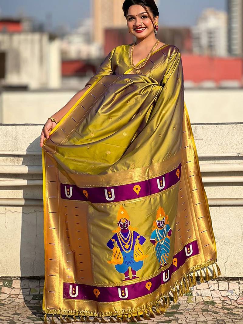 Olive woven design silk blend paithani saree