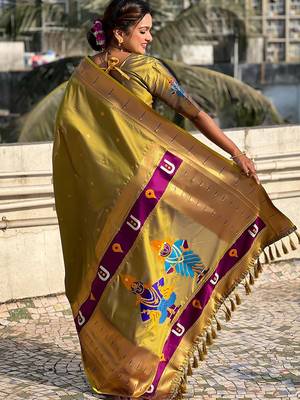Olive woven design silk blend paithani saree 3