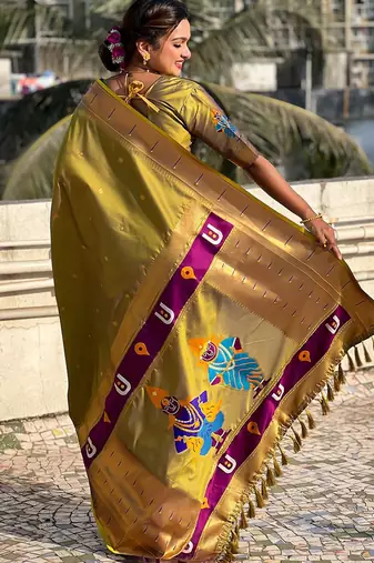 Olive woven design silk blend paithani saree