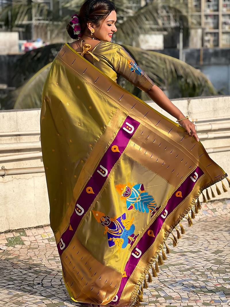 Olive woven design silk blend paithani saree