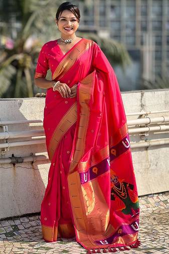 Pink woven design zari silk blend paithani saree