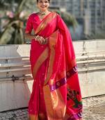 Pink woven design zari silk blend paithani saree