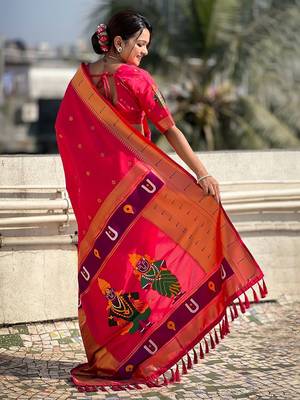 Pink woven design zari silk blend paithani saree 2