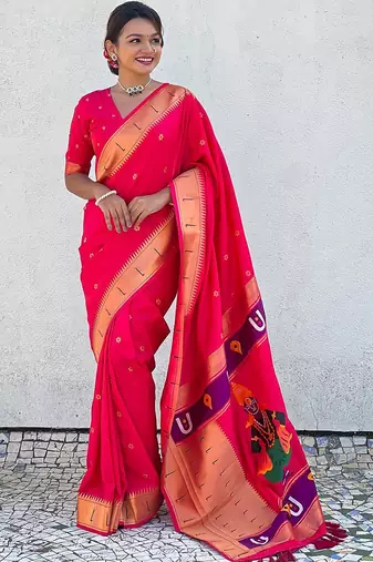 Pink woven design zari silk blend paithani saree